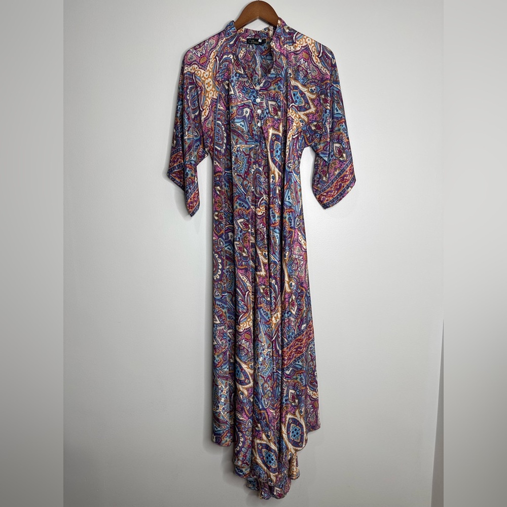 Venus Boho Paisley Silk Blend Maxi Dress Size‎ Small Medium Kimono Sleeve Kaftan